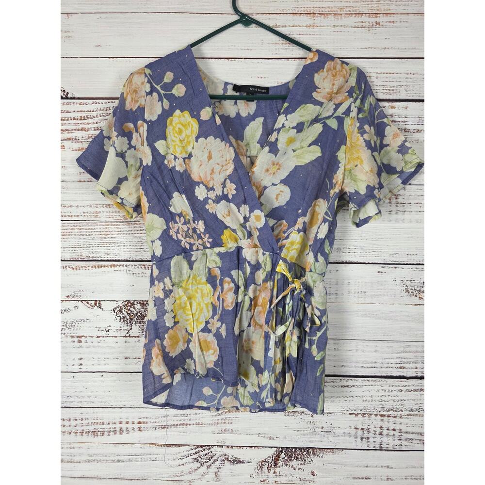 Harve Benard Cottage Core Top L Womens Blue Floral V Neck Short Sleeve Sheer Top